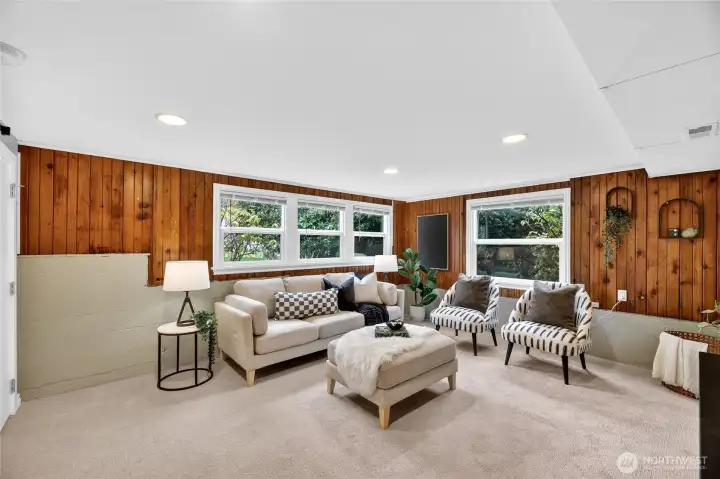 Daylight living area on lower level could also be used for a third bedroom.