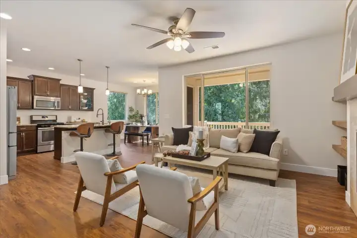 Great room - kitchen, family room and dining with access to the deck
