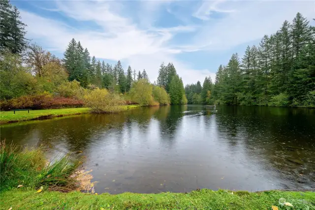 Lake with beach and swimming area.