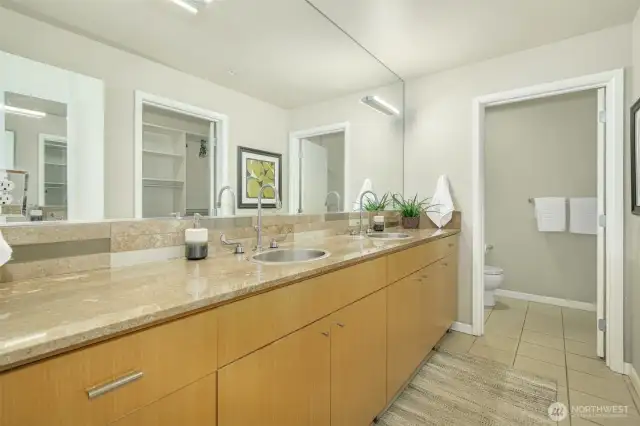 Huge double sink vanity and separate shower / toilet room