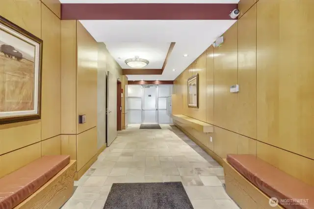 Secure entry, mailboxes and access to elevator and parking garage