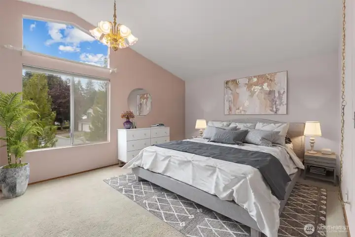 RESTFUL PRIMARY BEDROOM EASILY FITS A KING SIZE BED WITH ROOM FOR FURNITURE, AMAZING NATURAL LIGHTING.