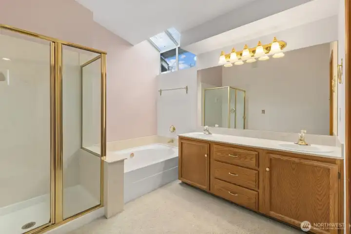 WELL DESIGNED PRIMARY BATHRM SUITE W/, SKYLIGHTS, DUAL SINKS, & SOAKING TUB.