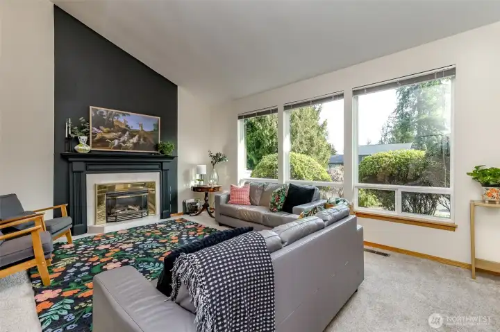 Plenty of natural light coming into this large living room.  There are window blinds on the double pane windows.  Newer carpet in this room.