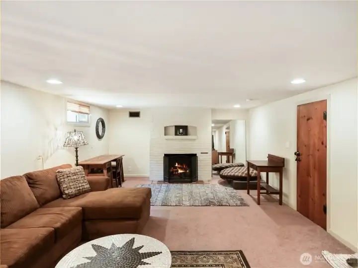 LARGE recreation room on lower level features a gas fireplace