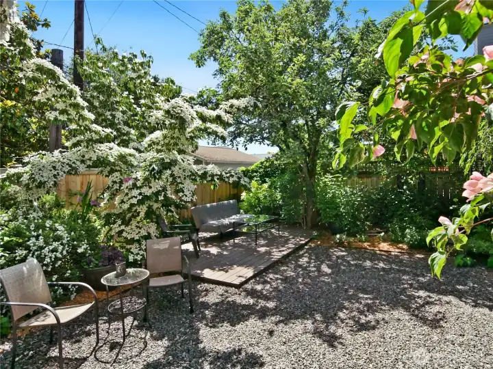 The Secret garden; featuring a sitting area, space for a firepit, and lots of specially curated plants and trees.