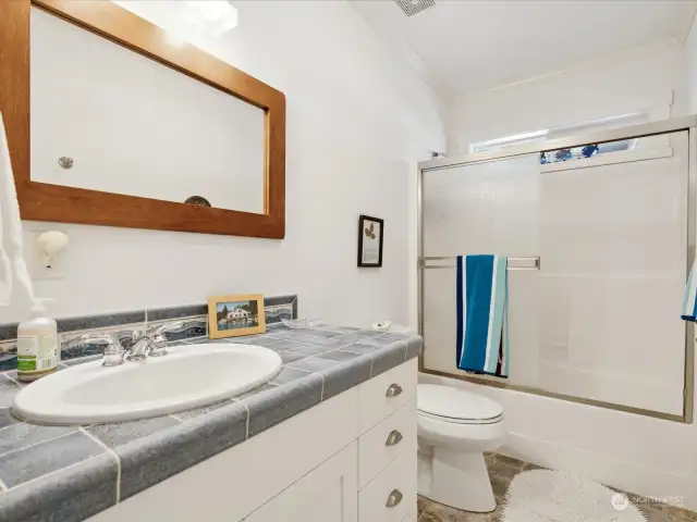 Lower level full bathroom with linen storage