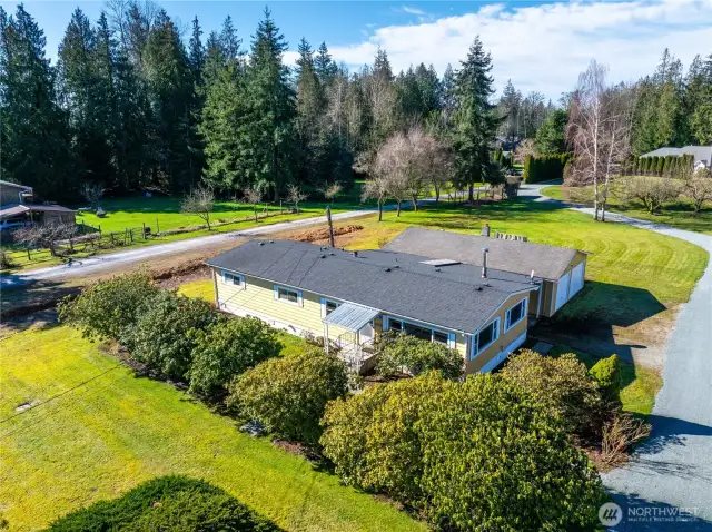 Aerial of the Manufactured Home on an acre, showing the 2 car garage