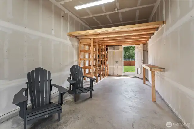 Extra deep garage with storage built in above!