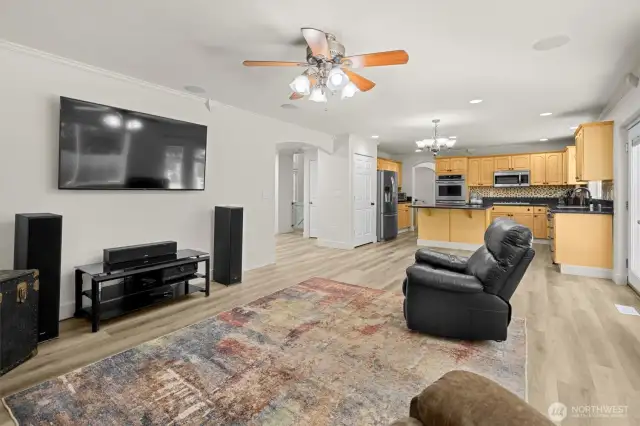 Enjoy the open floor plan with kitchen and second dining and living space. Recessed surround sound system in the second living space.