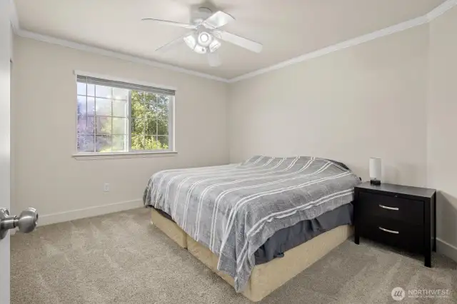 Third bedroom with crown molding, ceiling fan, and updated carpet and trim