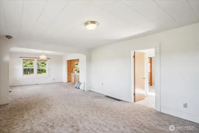 View from fireplace looking towards dining area