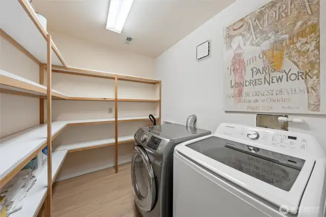 Extra-large walk-in pantry with built-in shelving and room for small appliances—plus included laundry appliances—providing excellent storage, convenience, and efficiency.