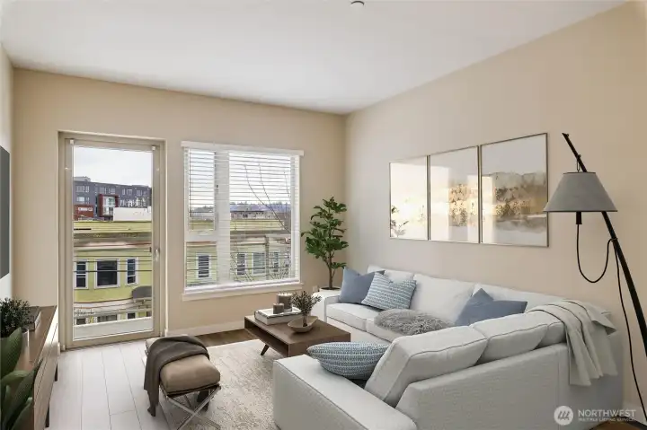 Spacious and light-filled living room w/ South facing balcony - Virtually Staged