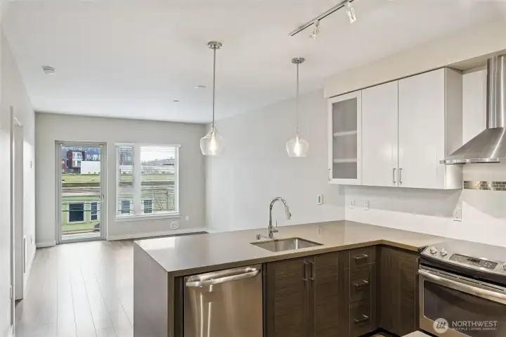 View of kitchen/living from entry