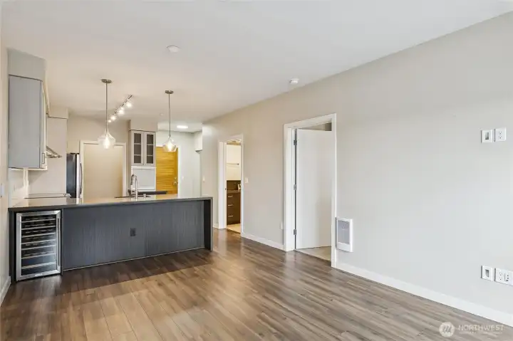 View of living/kitchen from balcony