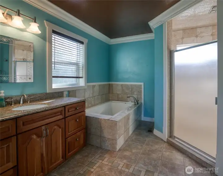 Full bathroom off of Primary features a soaking tub and separate shower