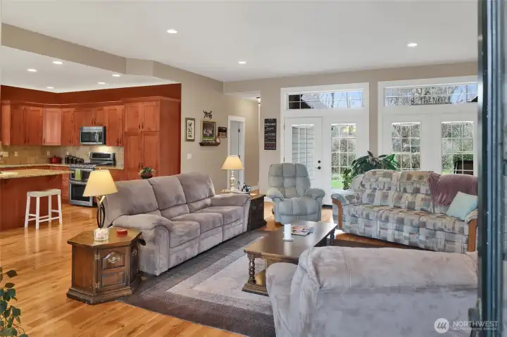 Warm and inviting living room with tall ceilings