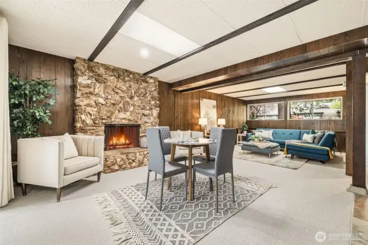 Mid-century rec room with fireplace and soul
