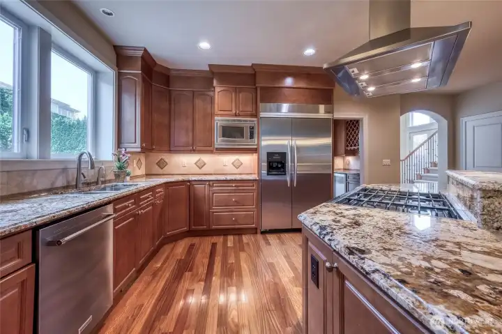 Chef's kitchen with built-in appliances.