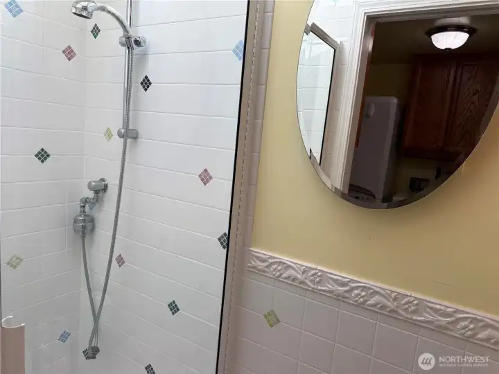 3/4 bathroom with cabinet behind the mirror.
