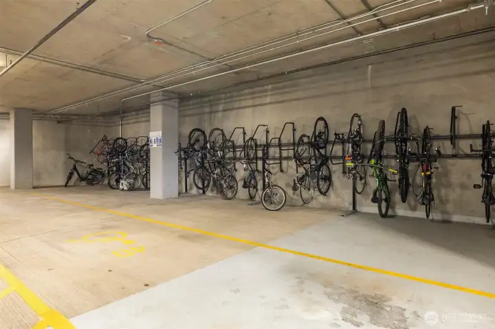 Bike storage in the secure parking garage. Bike storage in the secure parking garage.