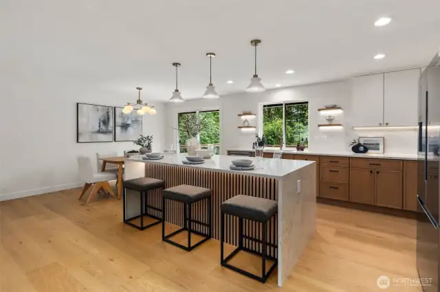 Quartz countertops with waterfall ends