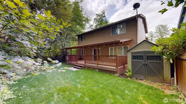 Peaceful backyard with a large storage shed
