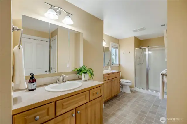 Ensuite bathroom with dual sinks, updated lighting, and abundant counter space—luxury you’ll love every day.