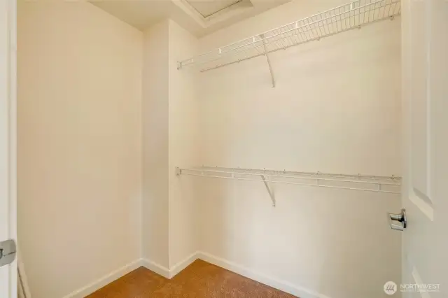 Walk-in closet in 3rd bedroom with shelving and hanging space—perfect for seasonal wardrobes, storage.