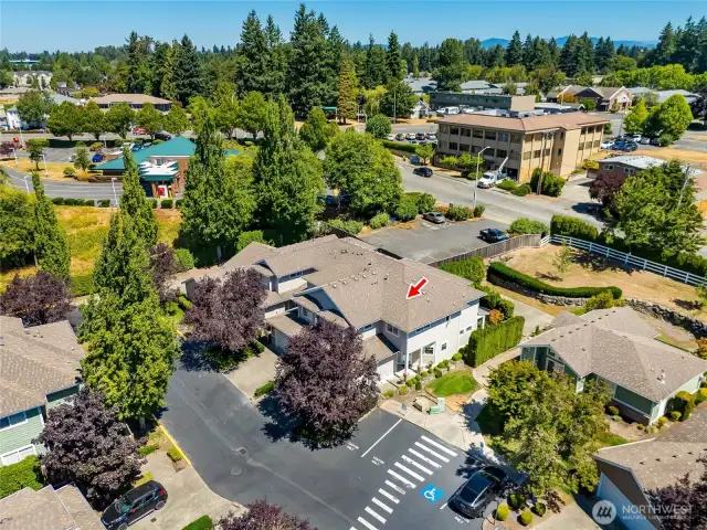 Aerial view of Hampton East community—quiet, well-maintained neighborhood near downtown Kent, shopping, and transit access.