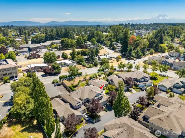 Bird’s-eye view of 10700 SE 260th St Unit E-104 in Kent—peaceful community with mature trees and nearby conveniences.