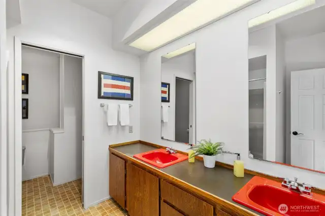 Large lower level bathroom with double sinks and Tub/Shower just off the large recreation room