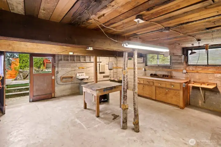 Garage basement workshop with built-in storage