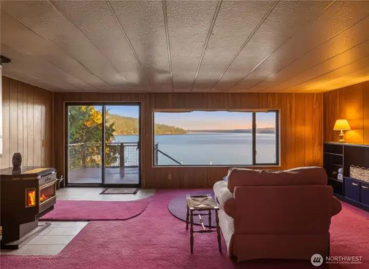 Amazing views from the living room, complete with a cozy pellet stove!