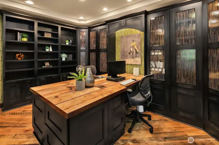 Built in desk with dual work station capability for your and your assistant.