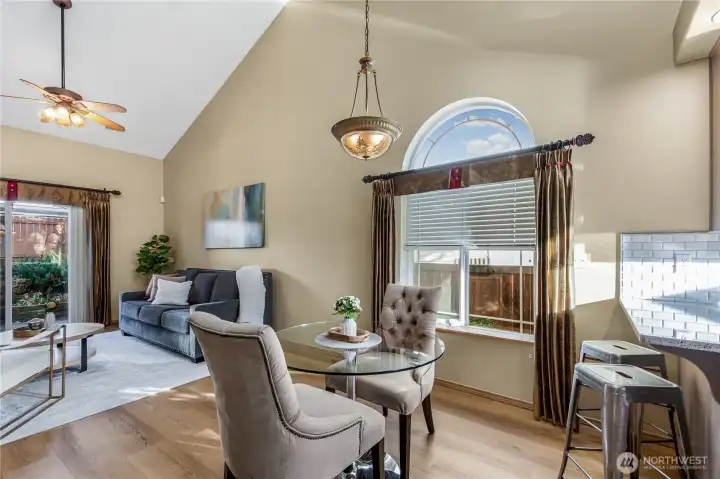 Dining area and barstools at the counter provide plenty of seating.