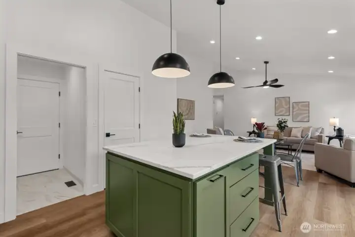 Upgraded pantry with drawers, shelving, and wine fridge outlet, giving you plenty of stoarge space.