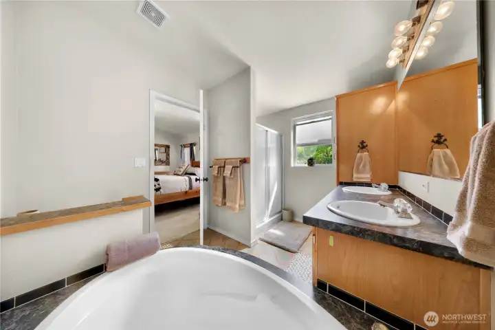 Part of the Master Suite...the soaking tub complements the double sink, shower and big closet