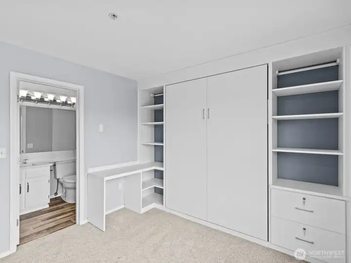 A built-in desk completes the space along with locking file drawers. A built-in desk completes the space along with locking file drawers.