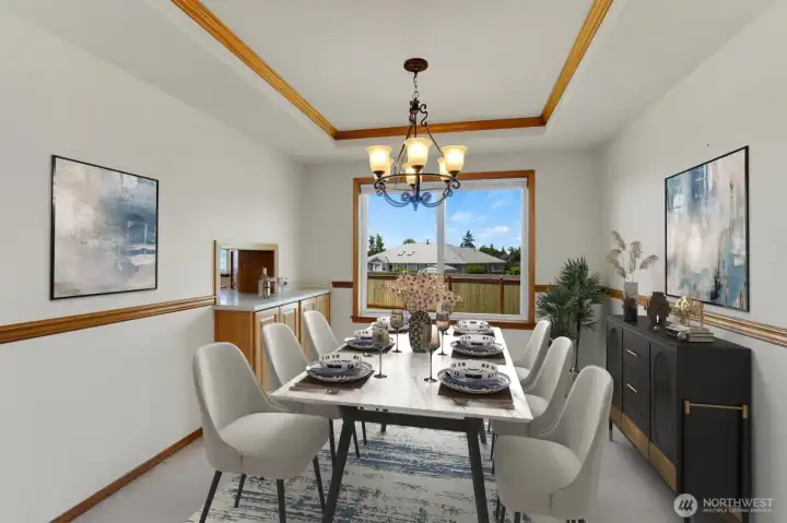 Dining Room with Crown Molding & Chairrailing plus Pass-Thru to Kitchen-Virtually Staged