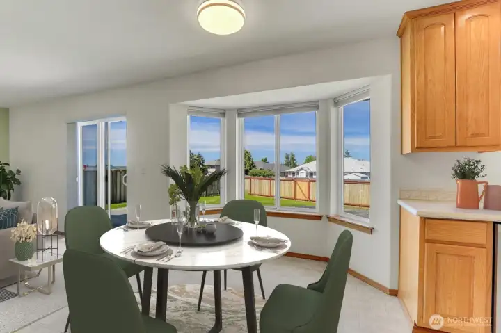 Kitchen Eating Area with Bay Window-Virtually Staged