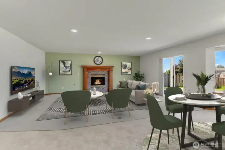 View from Kitchen to Eating Area & Family Room with Gas Fireplace - Virtually Staged