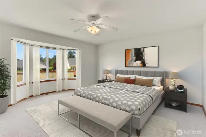 Primary Bedroom with Bay Window, Ceiling Fan, Walk-In Closet-Virtually Staged