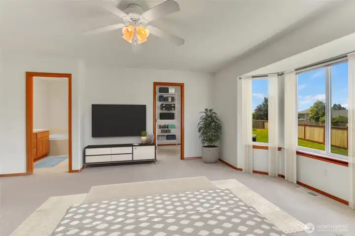 Primary Bedroom View to Bay Window, Walk-In Closet & Bath-Virtually Staged