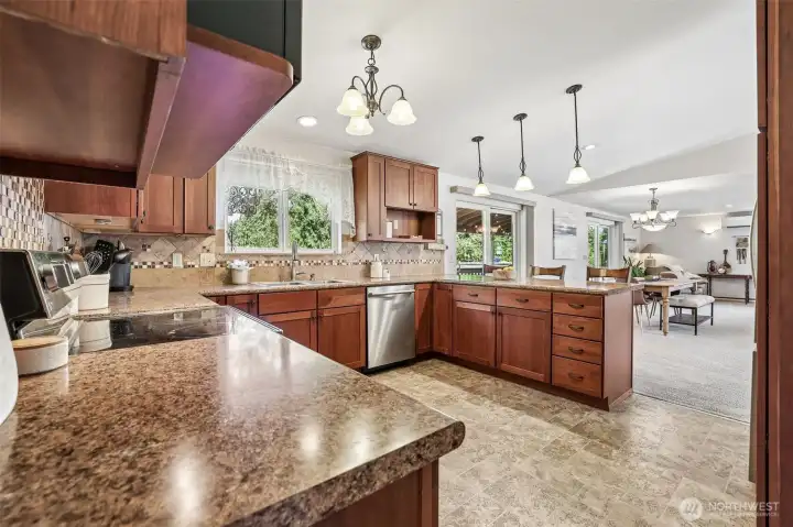 Large kitchen, open to living and dining areas.