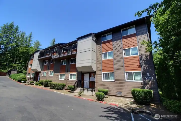 New Hardie Plank siding and vinyl windows in recent complex updates.