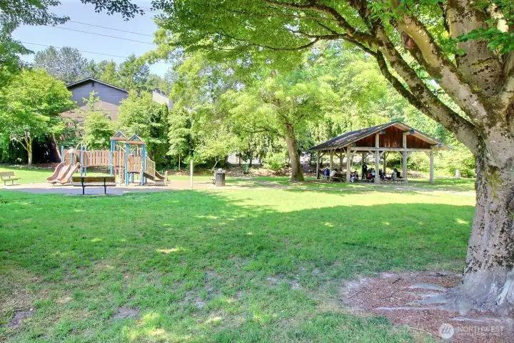 Play structure & covered picnic space. Roof of the complex in the photo