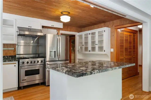 Great kitchen with eating space and a fireplace!