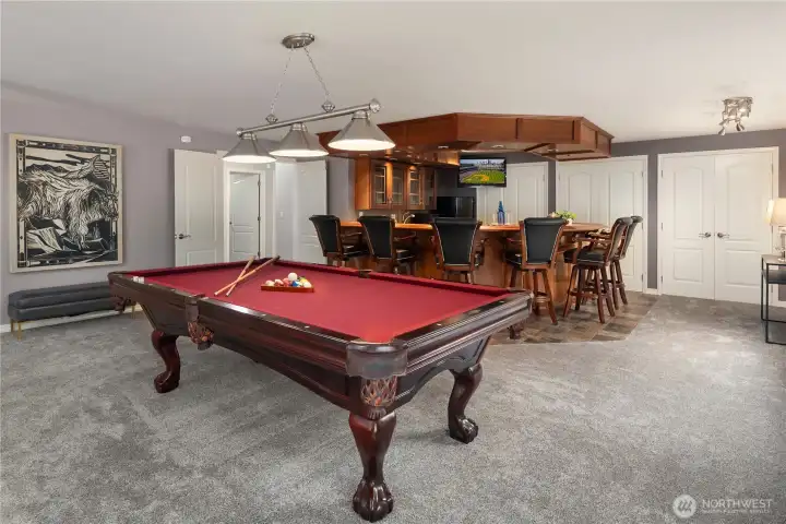 Looking across the pool table towards the custom built bar you can see 3 storage closets on the wall. This is in addition to two other storage rooms.